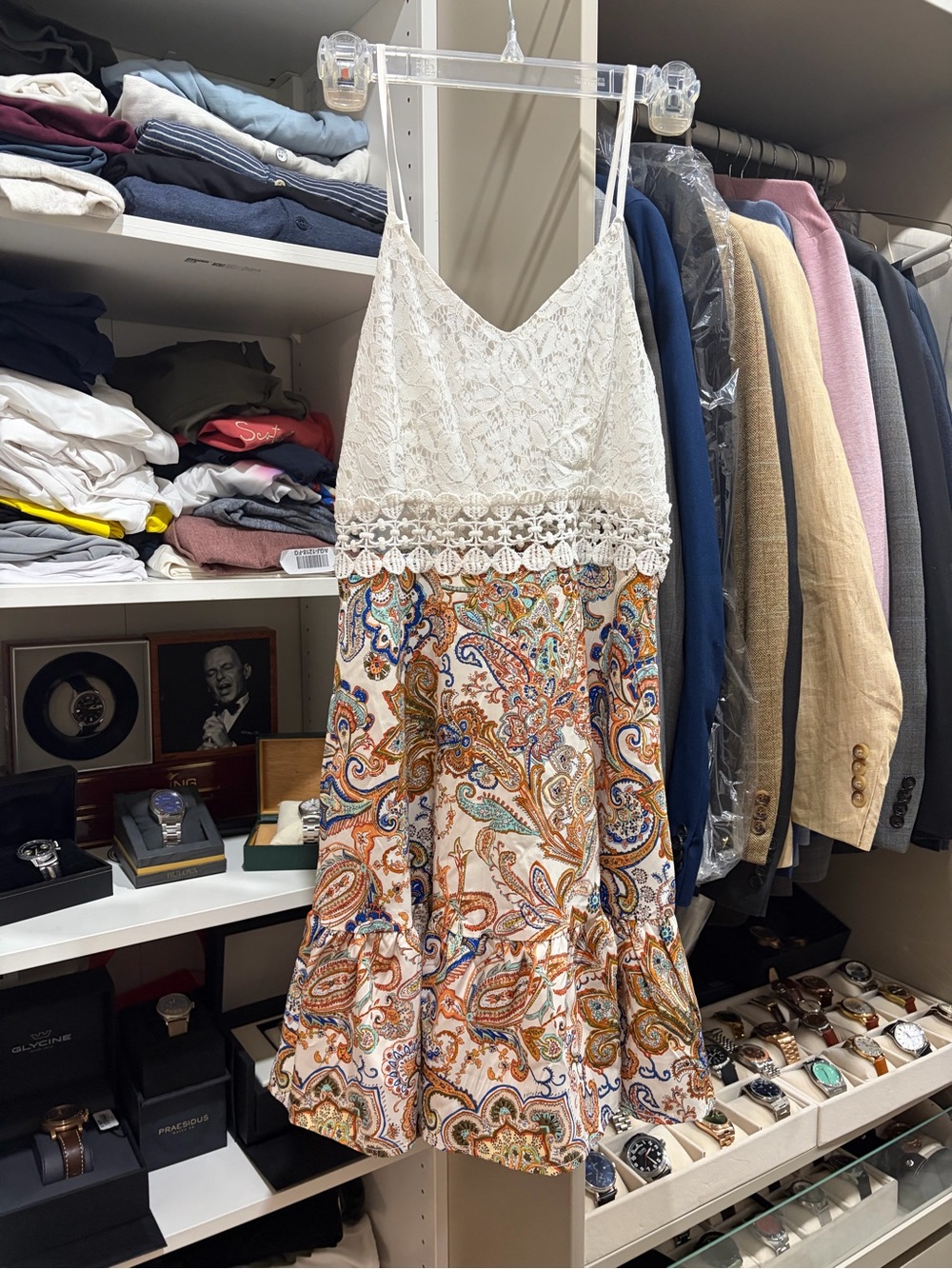 Lace-Trim Paisley Print Slip Dress in Cream and Multicolor